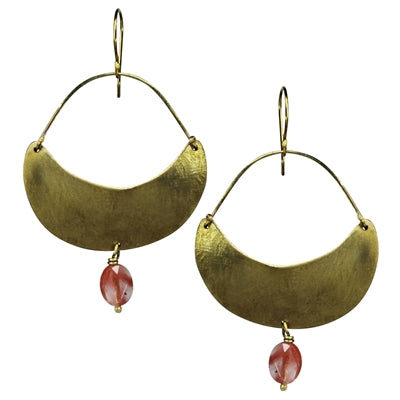Crescent Earring, Brass, Cherry Quartz