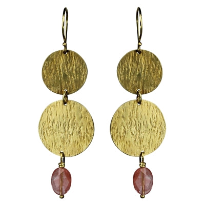 Double Disc Earring, Brass, Cherry Quartz