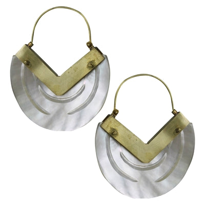 Etched V Earring, Brass, White MOP