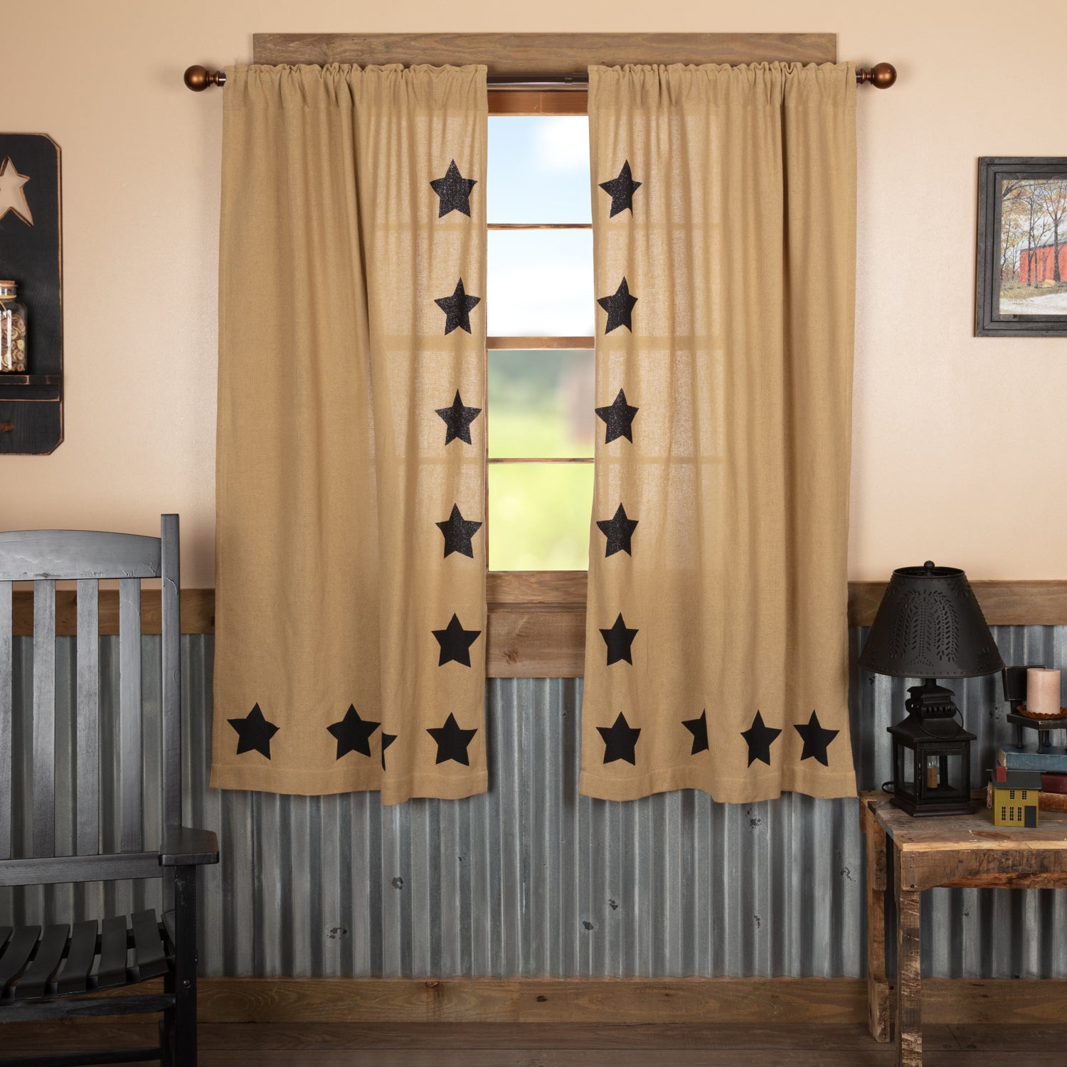 Burlap w/Black Stencil Stars Short Panel Set of 2