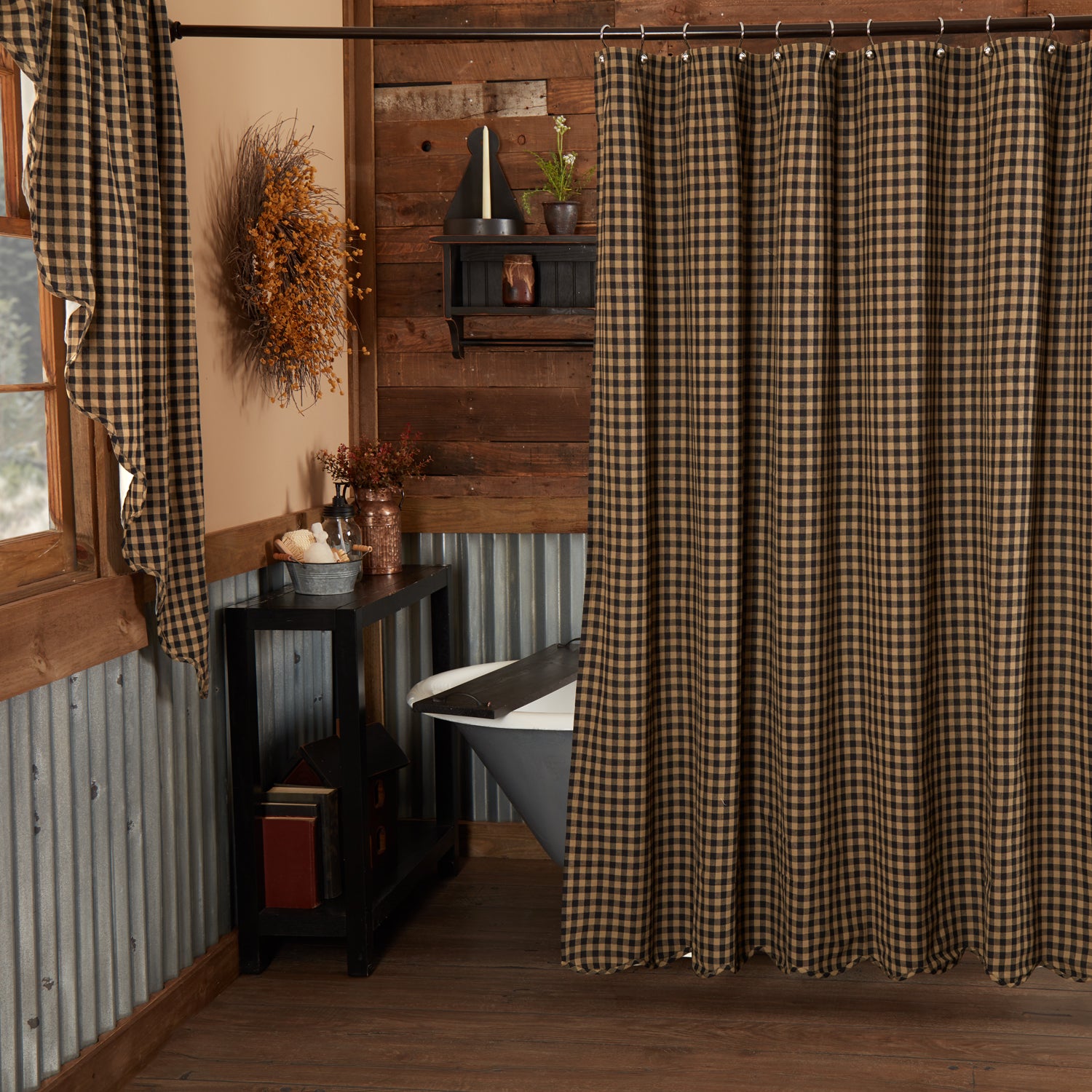 Black Check Scalloped Shower Curtain