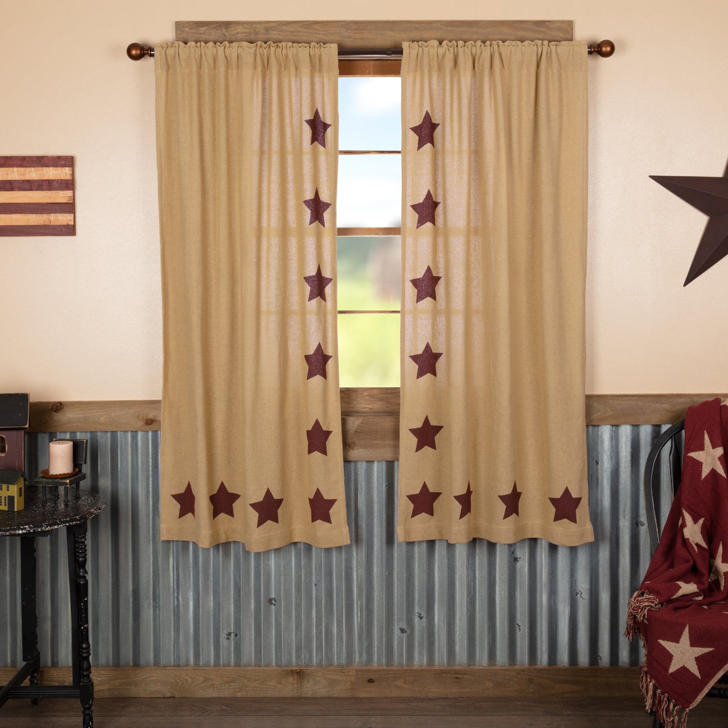 Burlap w/Burgundy Stencil Stars Short Panel Set of 2