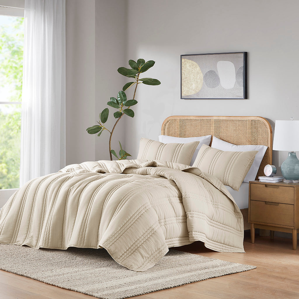 Dune 7 Piece Reversible Cotton Quilt Set with Euro Shams and Throw Pillows