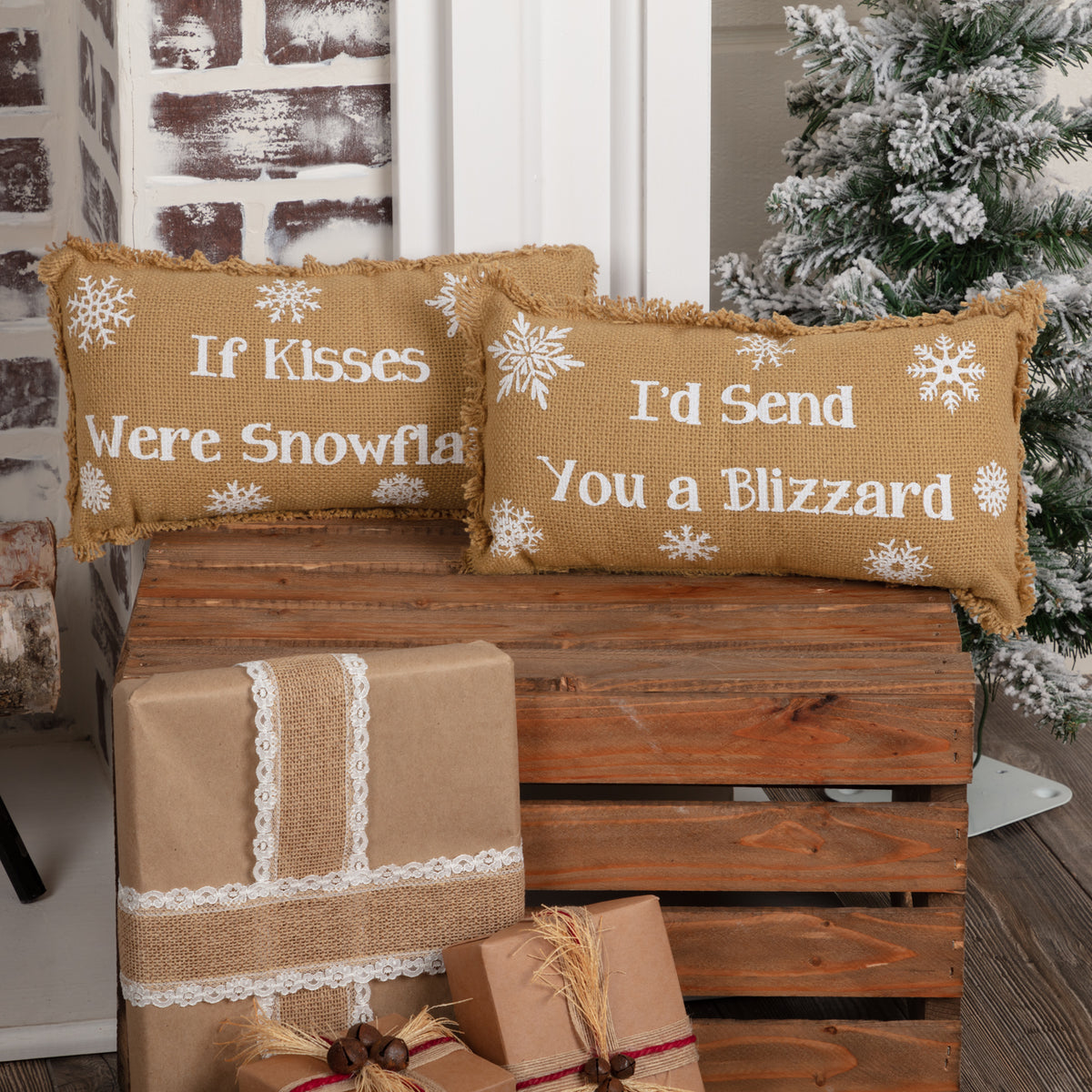 Snowflake Burlap Natural Pillow If Kisses..Snowflakes Set of 2