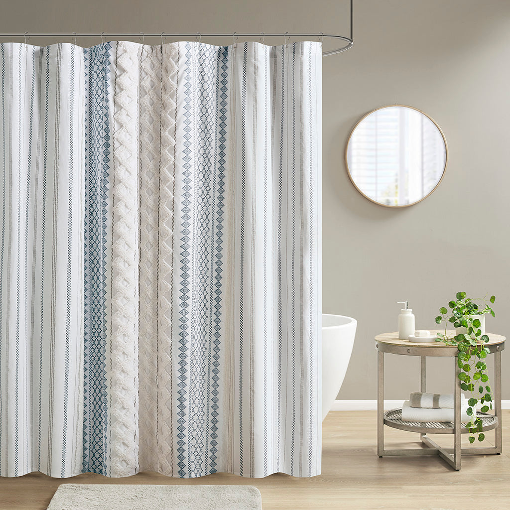 Imani Cotton Printed Shower Curtain with Chenille