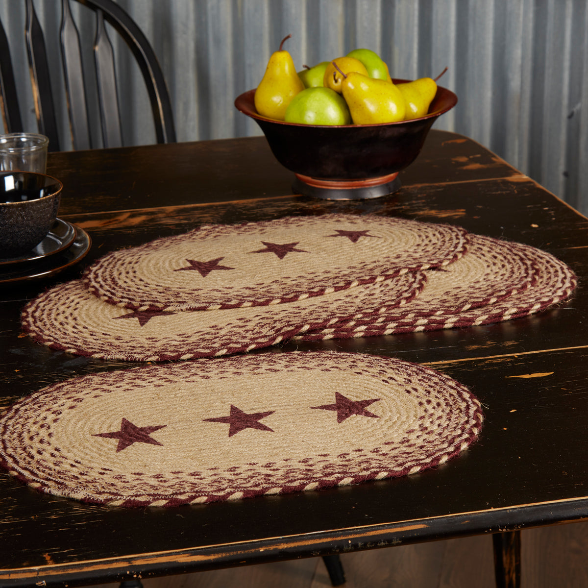 Burgundy Tan Jute Placemat Stencil Stars Set of 6