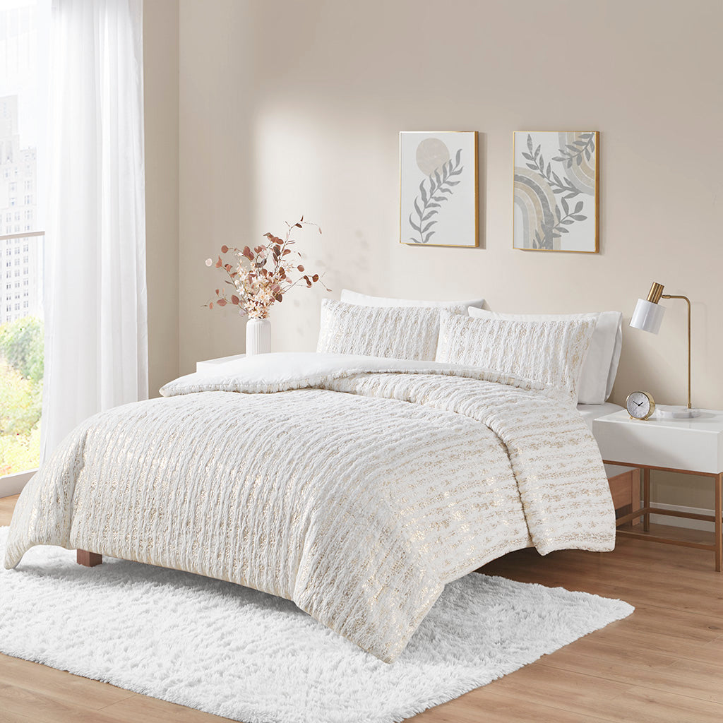 Naomi Metallic Print Faux Fur Duvet Cover Set