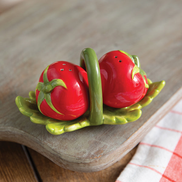 Tomato Salt & Pepper Shakers with Leaf Basket