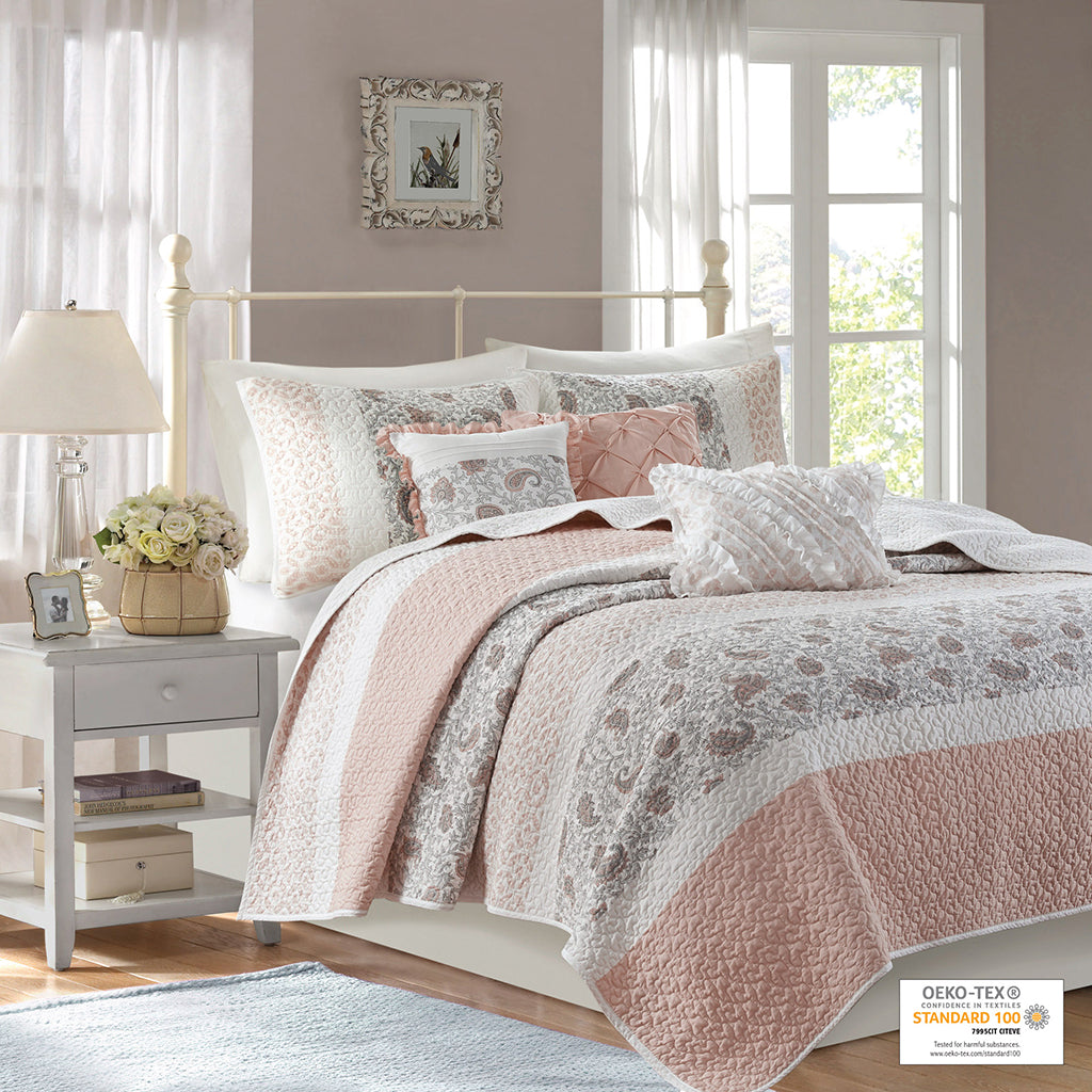 Dawn 6 Piece Cotton Percale Quilt Set with Throw Pillows