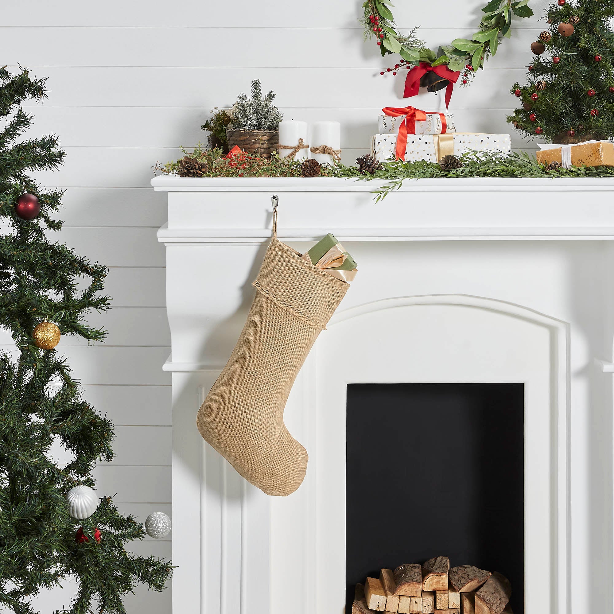 Greetings Jute Burlap Tan Stocking