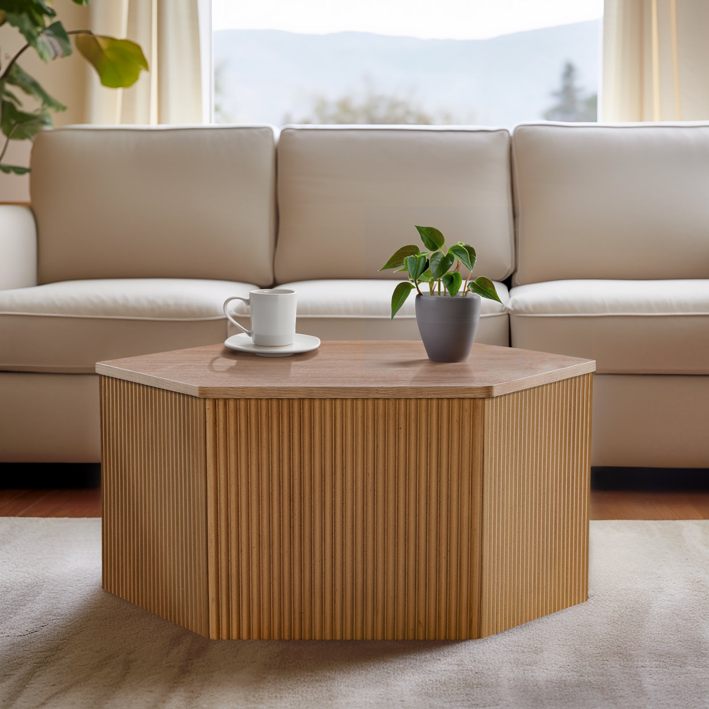 Honey Round Mixed Material Coffee Table with Shelf