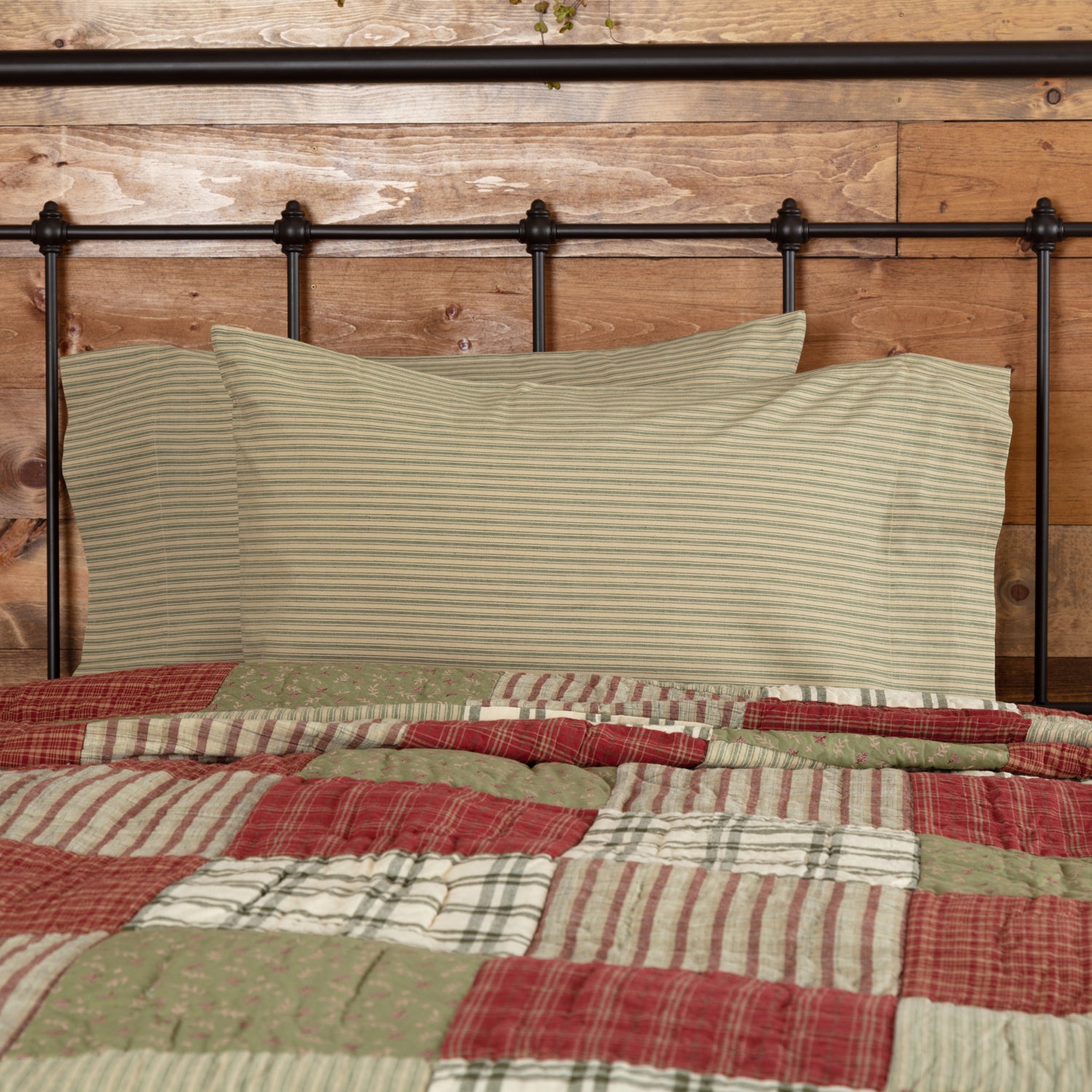 Prairie Winds Green Ticking Stripe Standard Pillow Case Set of 2
