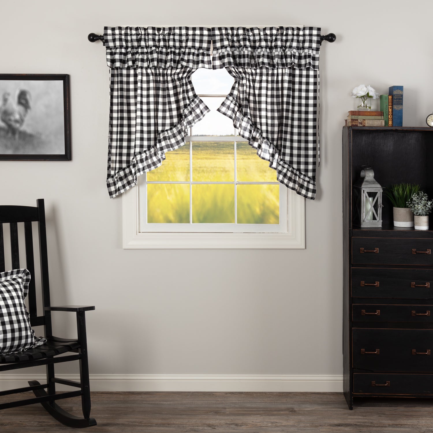 Annie Buffalo Black Check Ruffled Prairie Swag Set of 2 36x36x18