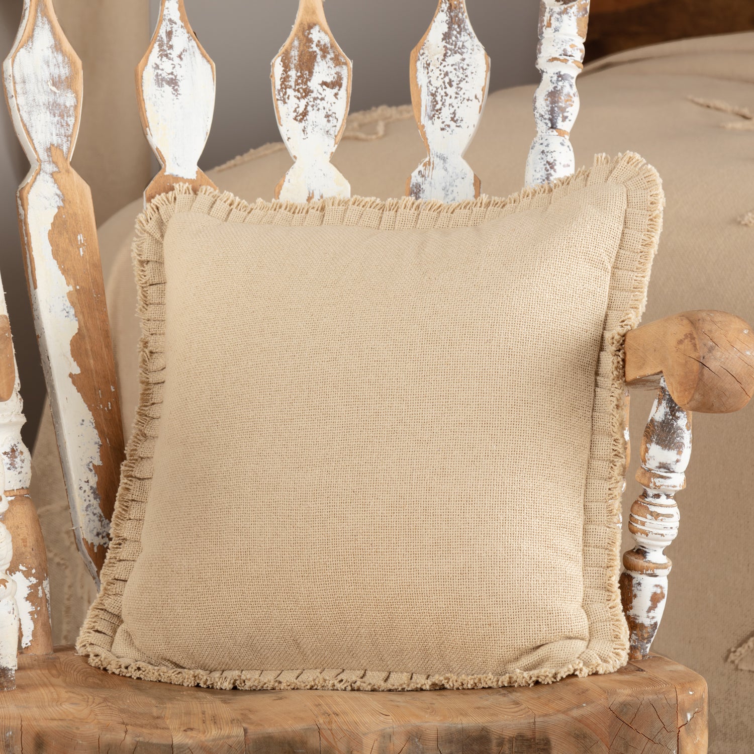 Burlap Vintage Pillow w/ Fringed Ruffle