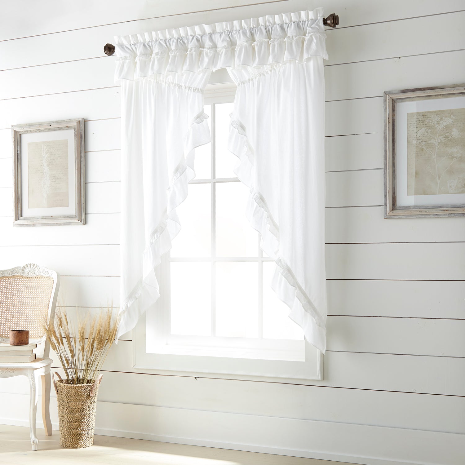 Muslin Ruffled Bleached White Prairie Short Panel Set of 2