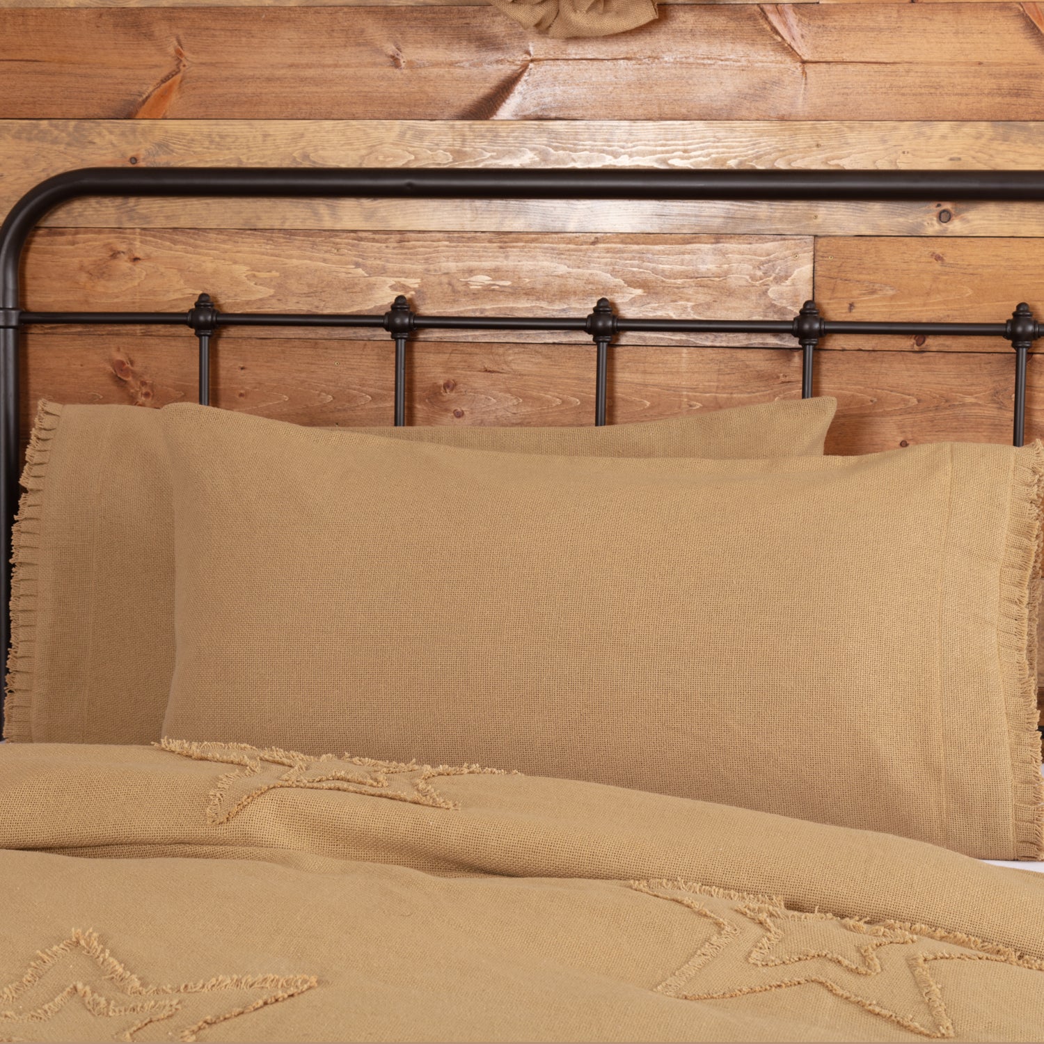 Burlap Natural King Pillow Case w/ Fringed Ruffle Set of 2