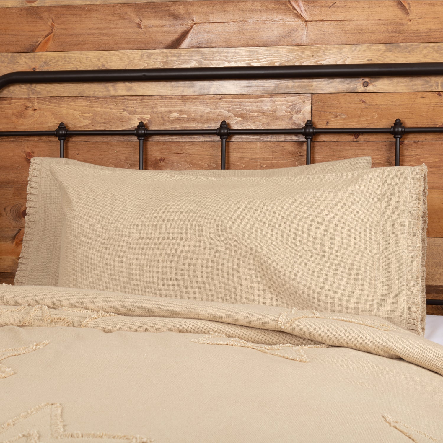 Burlap Vintage King Pillow Case w/ Fringed Ruffle Set of 2