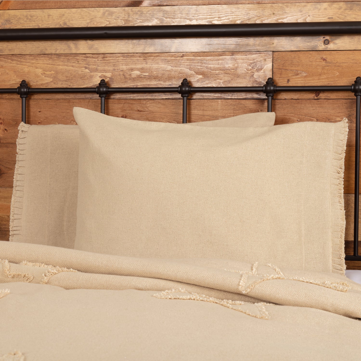 Burlap Vintage Standard Pillow Case w/ Fringed Ruffle Set of 2