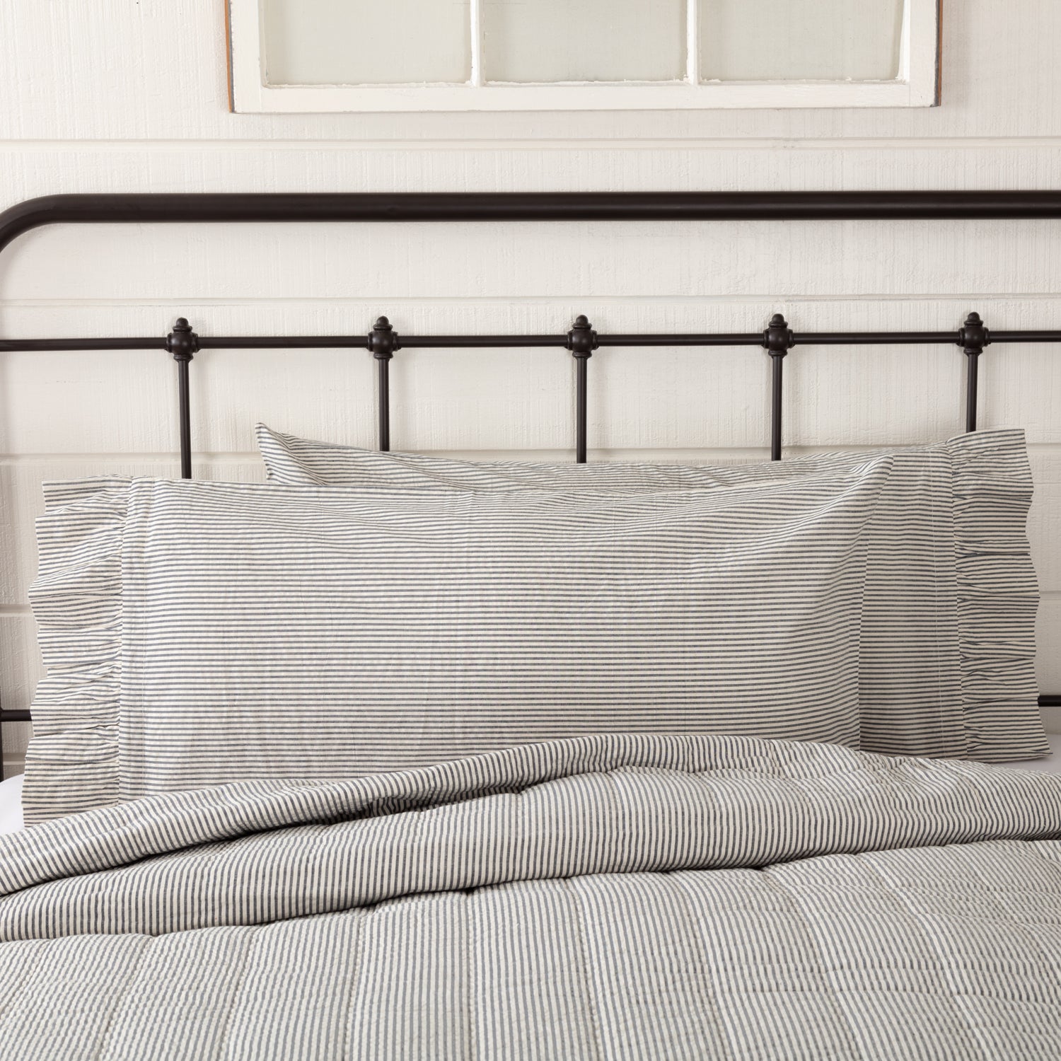 Hatteras Seersucker Blue Ticking Stripe King Pillow Case Set of 2