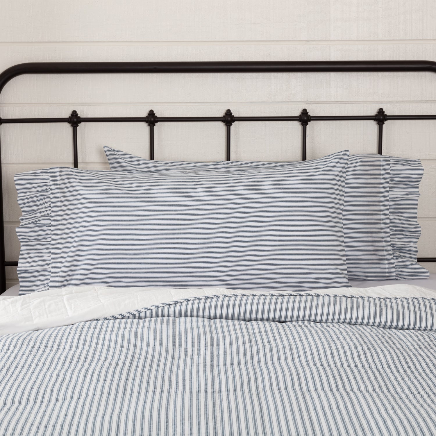 Sawyer Mill Blue Ticking Stripe Ruffled King Pillow Case Set of 2