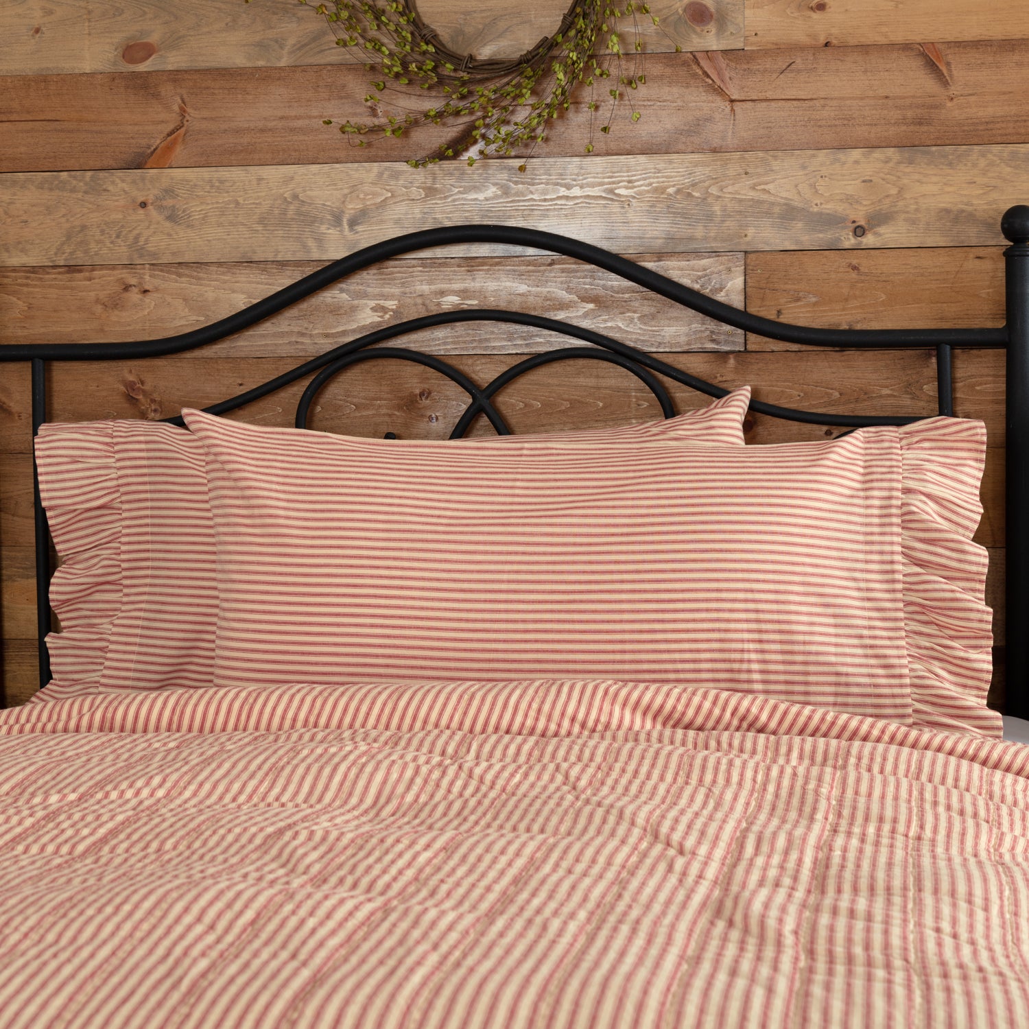 Sawyer Mill Red Ticking Stripe Ruffled King Pillow Case Set of 2