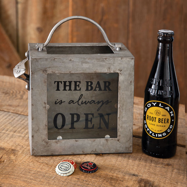 Industrial "The Bar Is Always Open" Galvanized Bottle Opener Bin