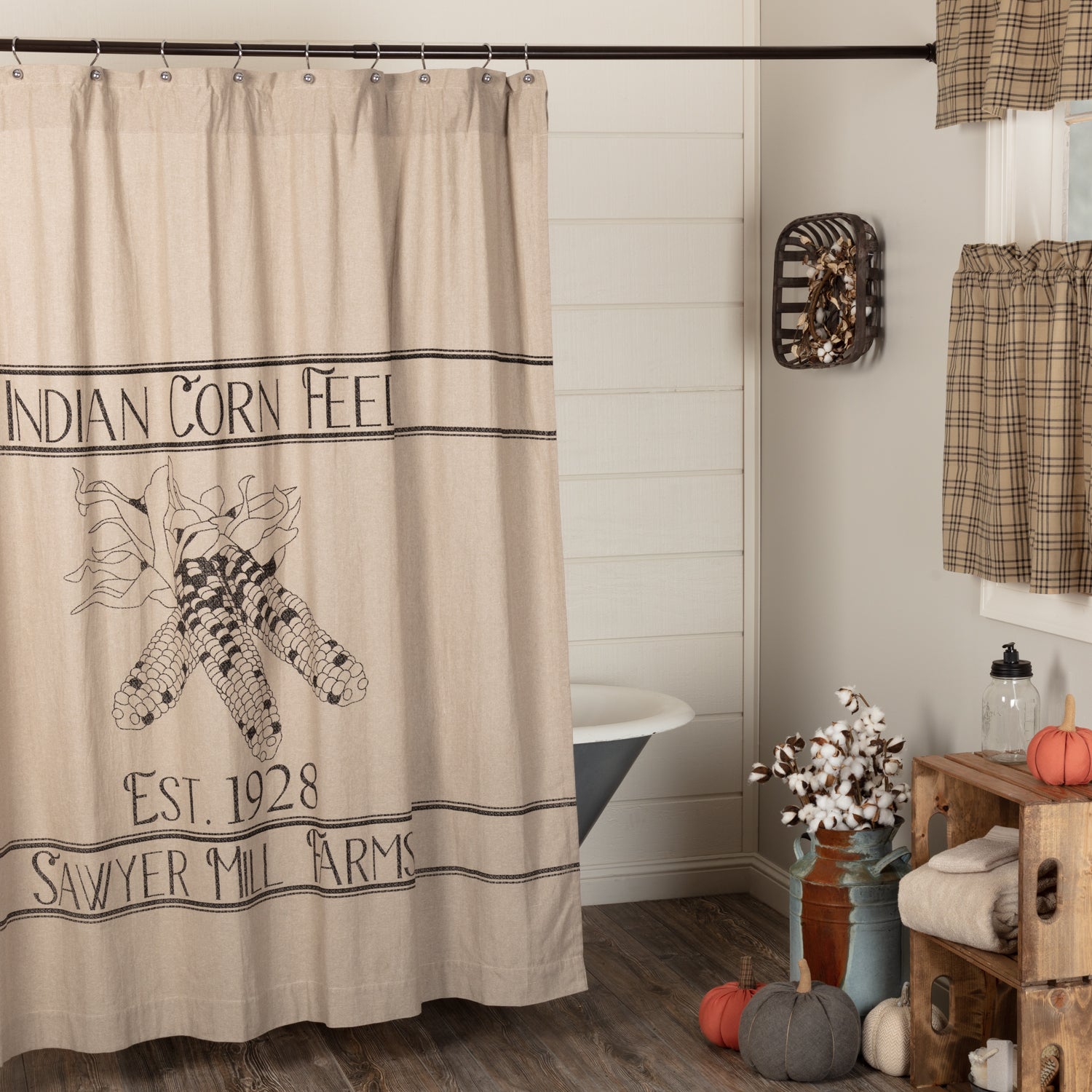 Sawyer Mill Charcoal Corn Feed Cotton Farmhouse Shower Curtain, Grey & Cream, 72x72