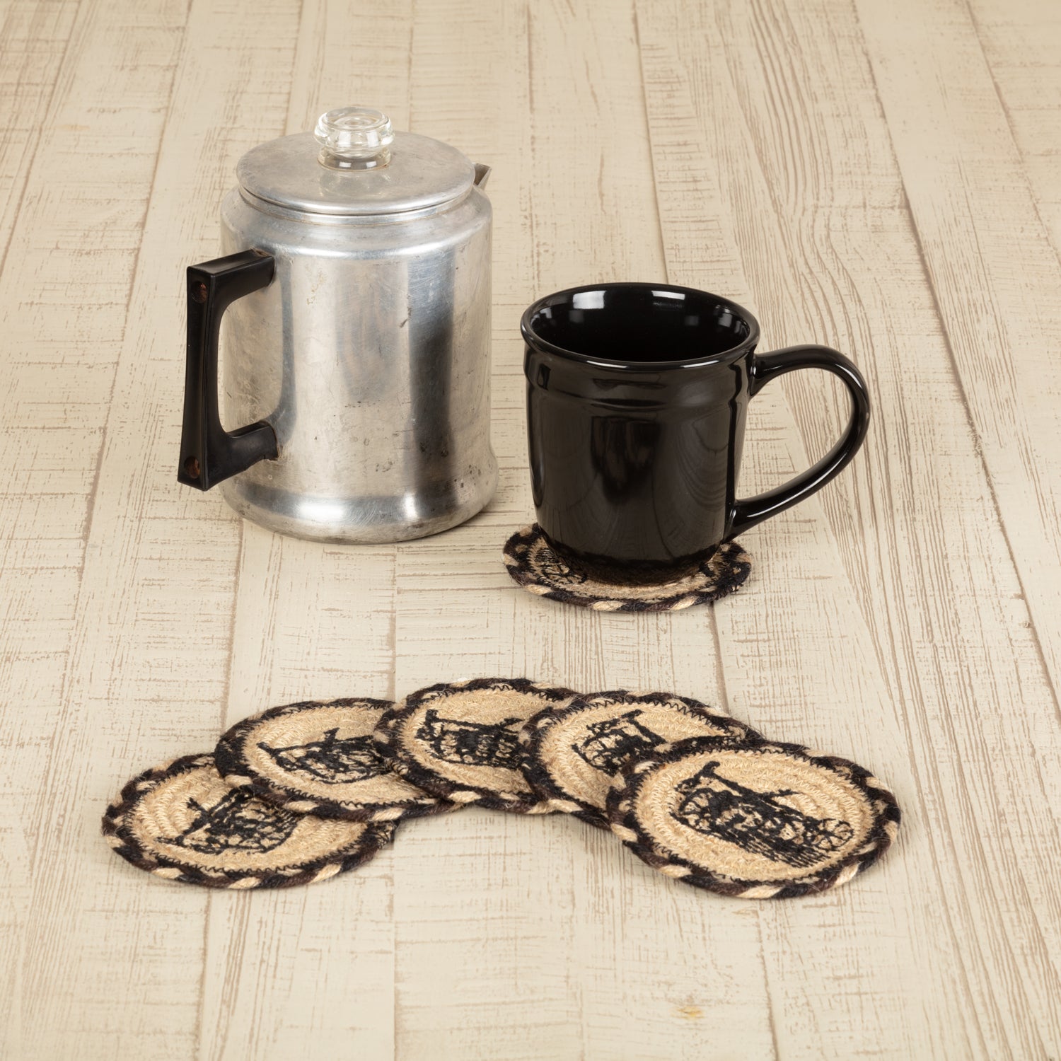 Sawyer Mill Charcoal Farmhouse Rustic Braided Jute Round Drink Coaster Set of 6