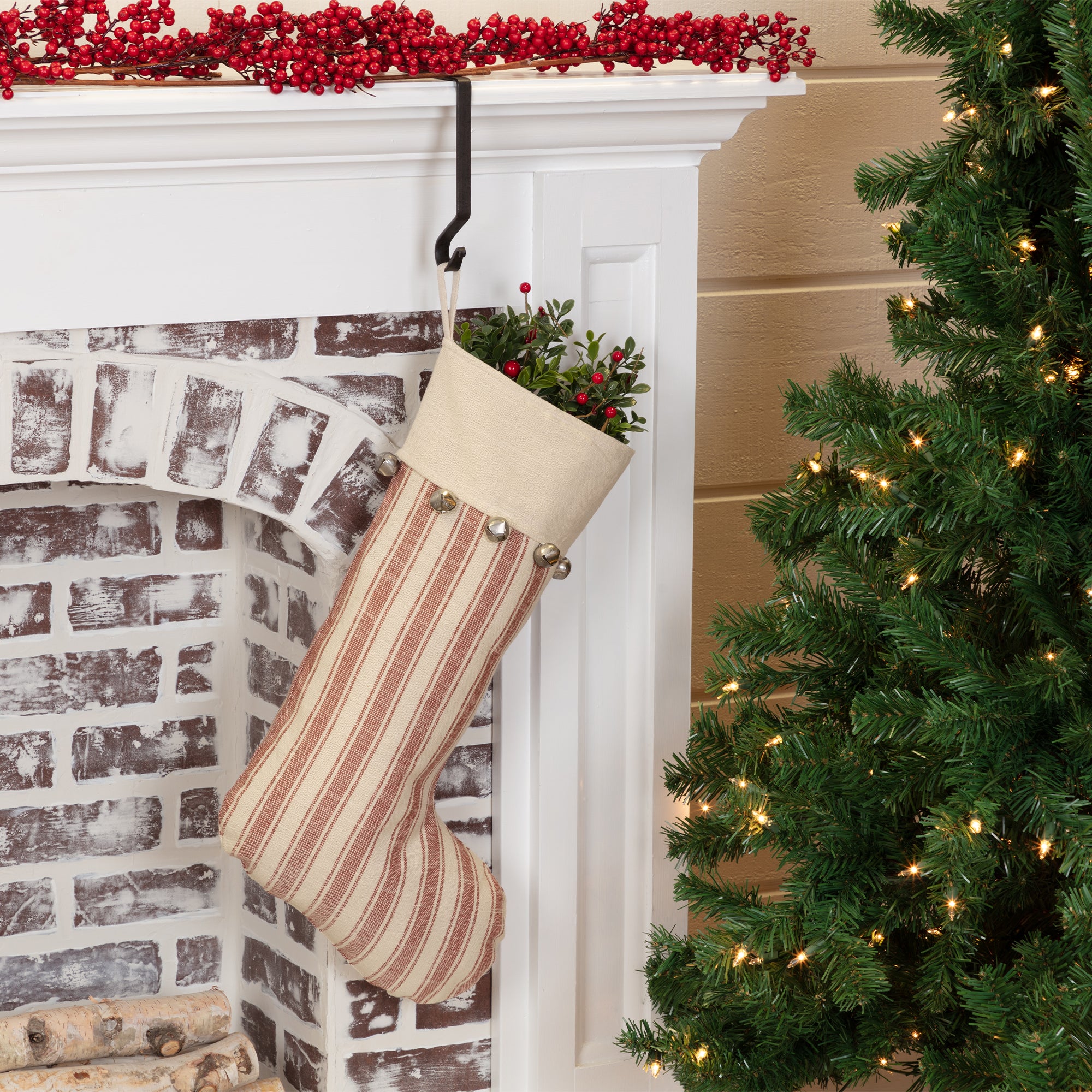 Sleigh Bells Ring Ticking Stripe Stocking