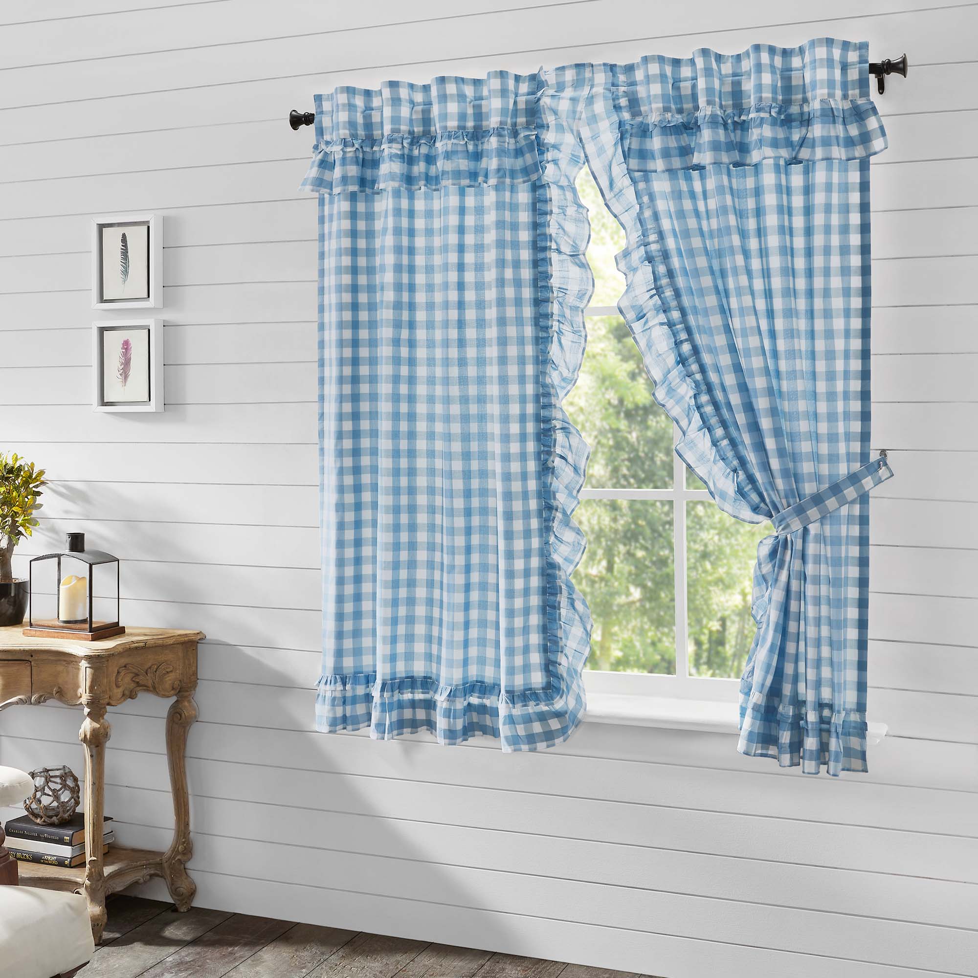 Annie Buffalo Blue Check Ruffled Short Panel Set of 2