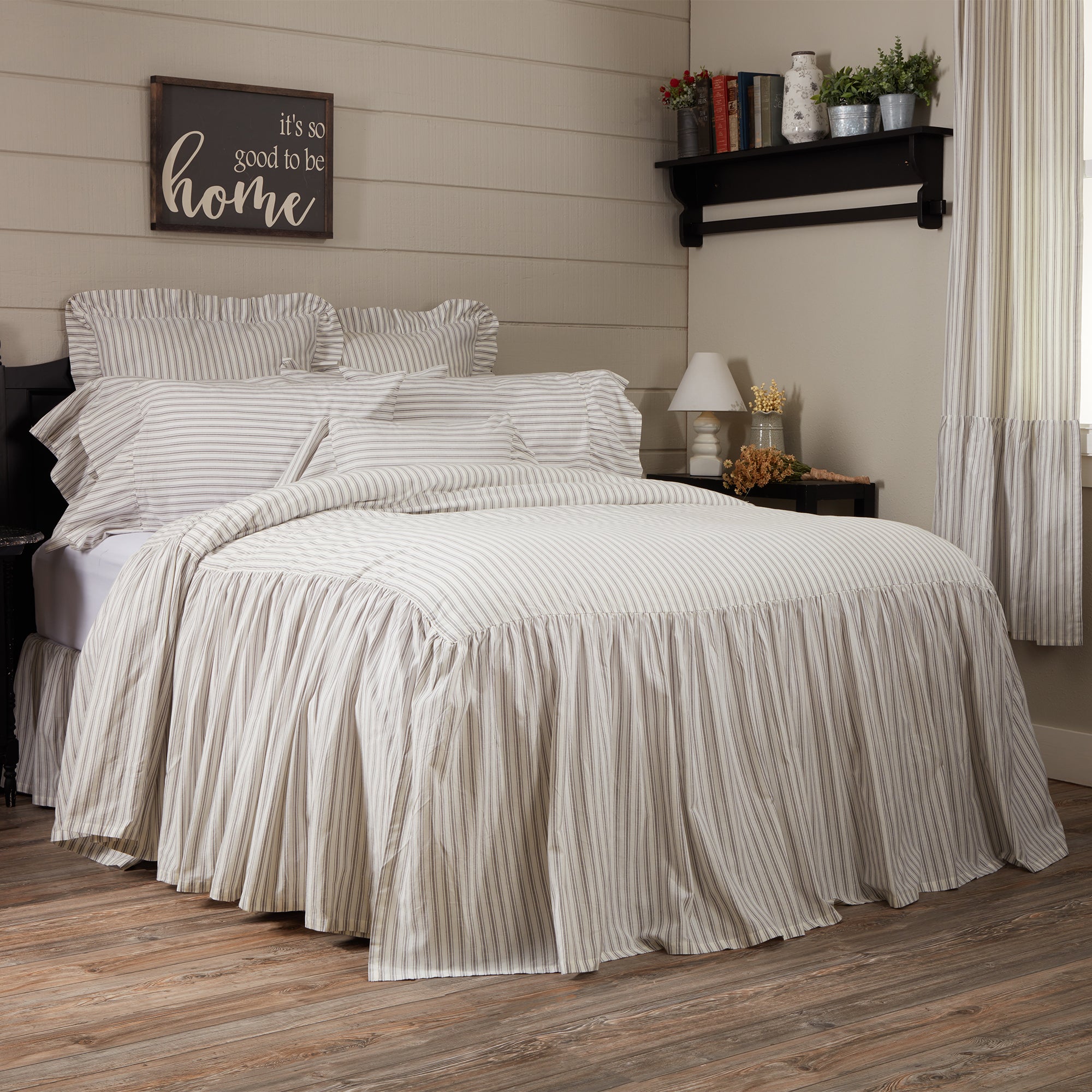 Timeless Ticking Gray Ruffled Queen Bedspread 80Lx60W+27