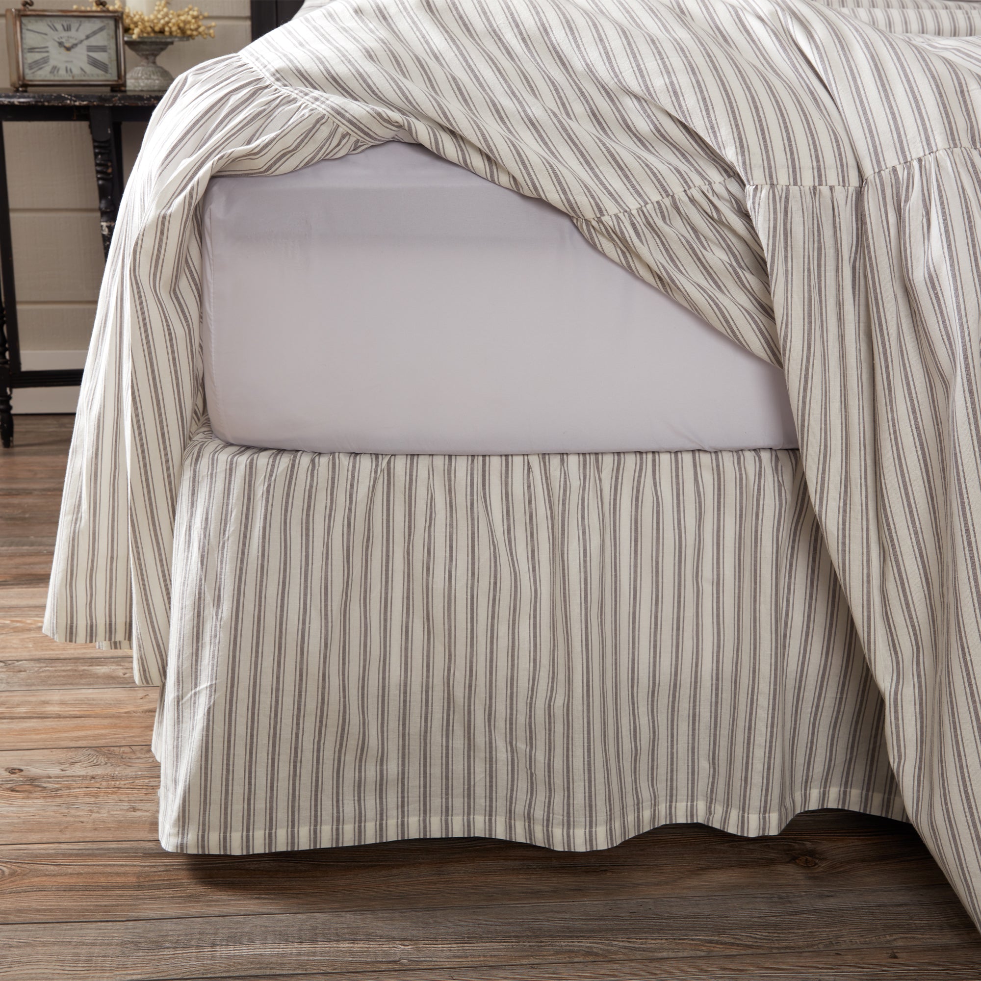 Timeless Ticking Gray Ruffled Queen Bed Skirt 80Lx60Wx16