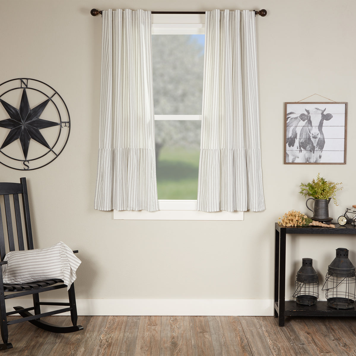 Timeless Ticking Gray Ruffled Short Panel Set of 2