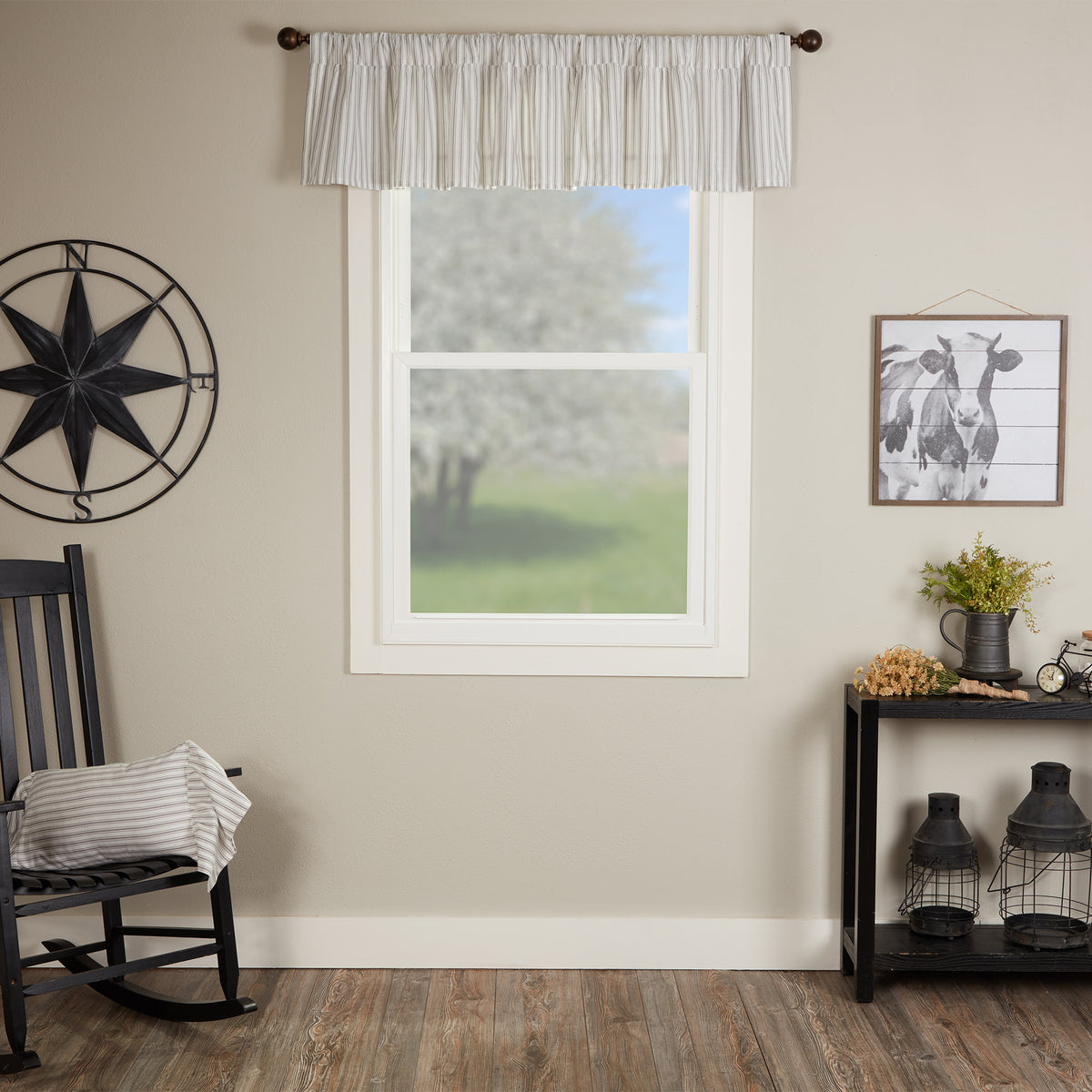 Timeless Ticking Gray Ruffled Valance 16Lx72W