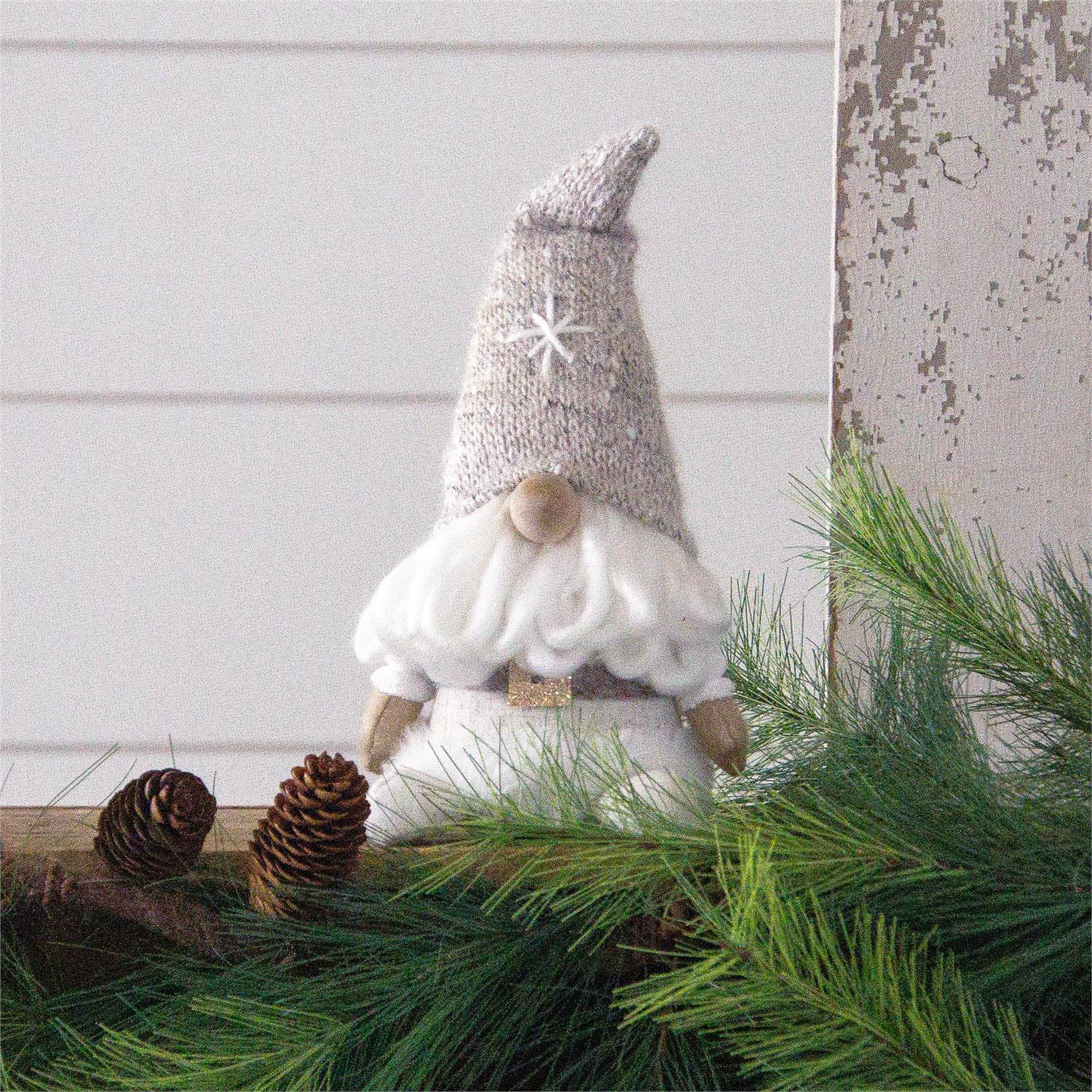Sitting Gnome - White With Tan Snowflake Hat