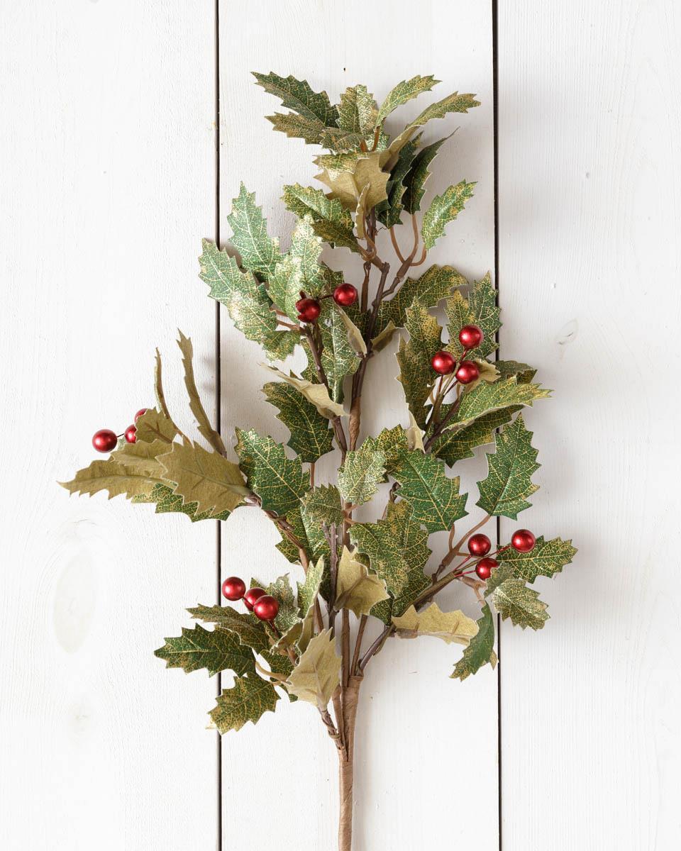 Gold Glimmer Holly w/ Dark Red Berries Branch