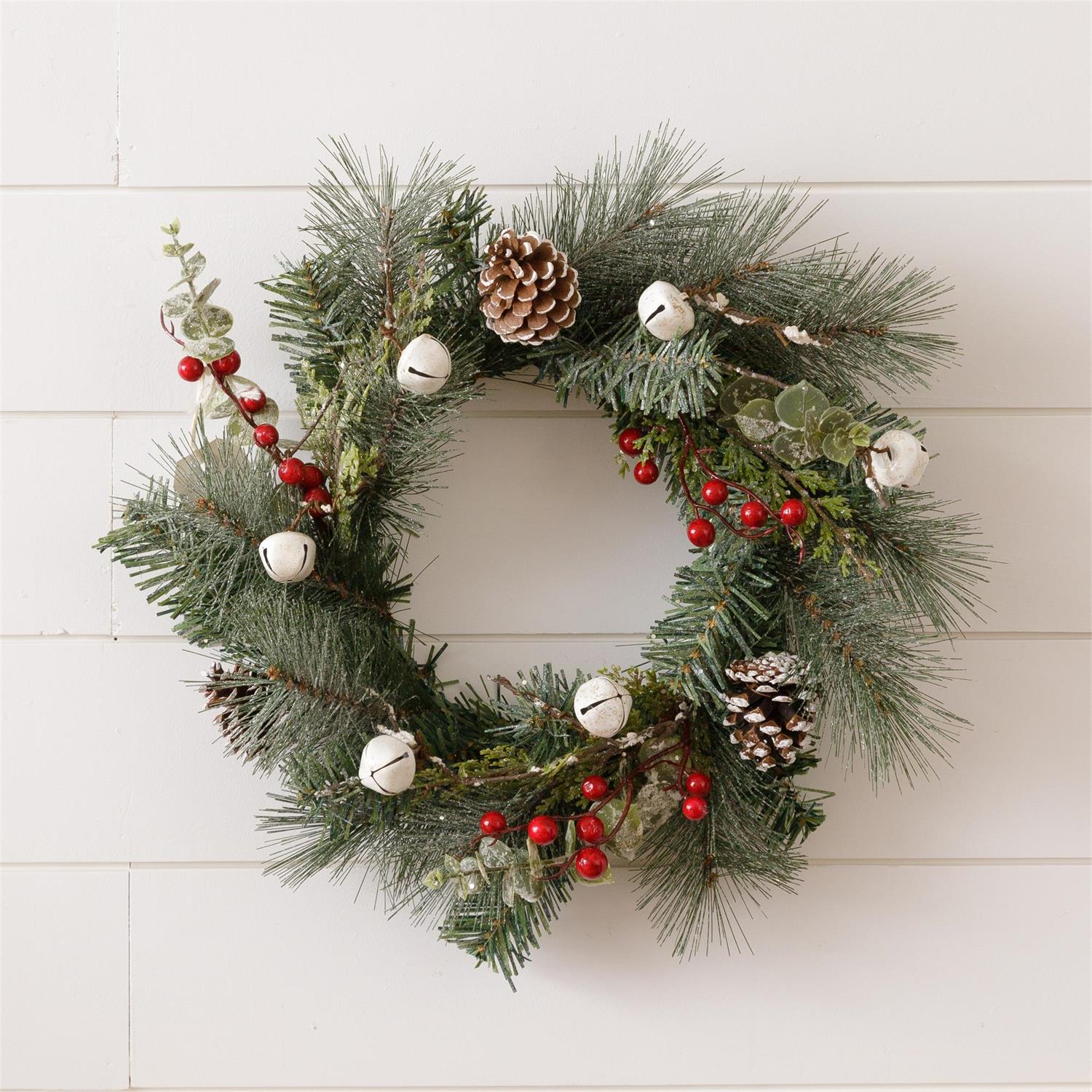 Mini Wreath - Glittered Pine With Berries And Bells