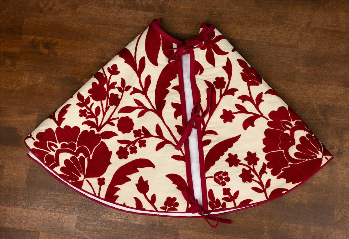 Tree Skirt - Crewelwork Red Floral