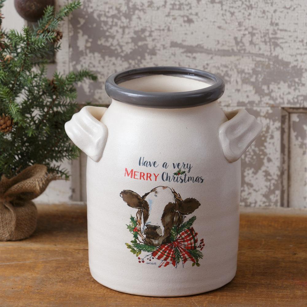 Lg Crock - Farmhouse Christmas, Cow