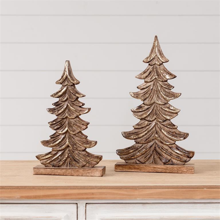Sculpted Gold Brushed Mango Wood Christmas Trees (S/2)