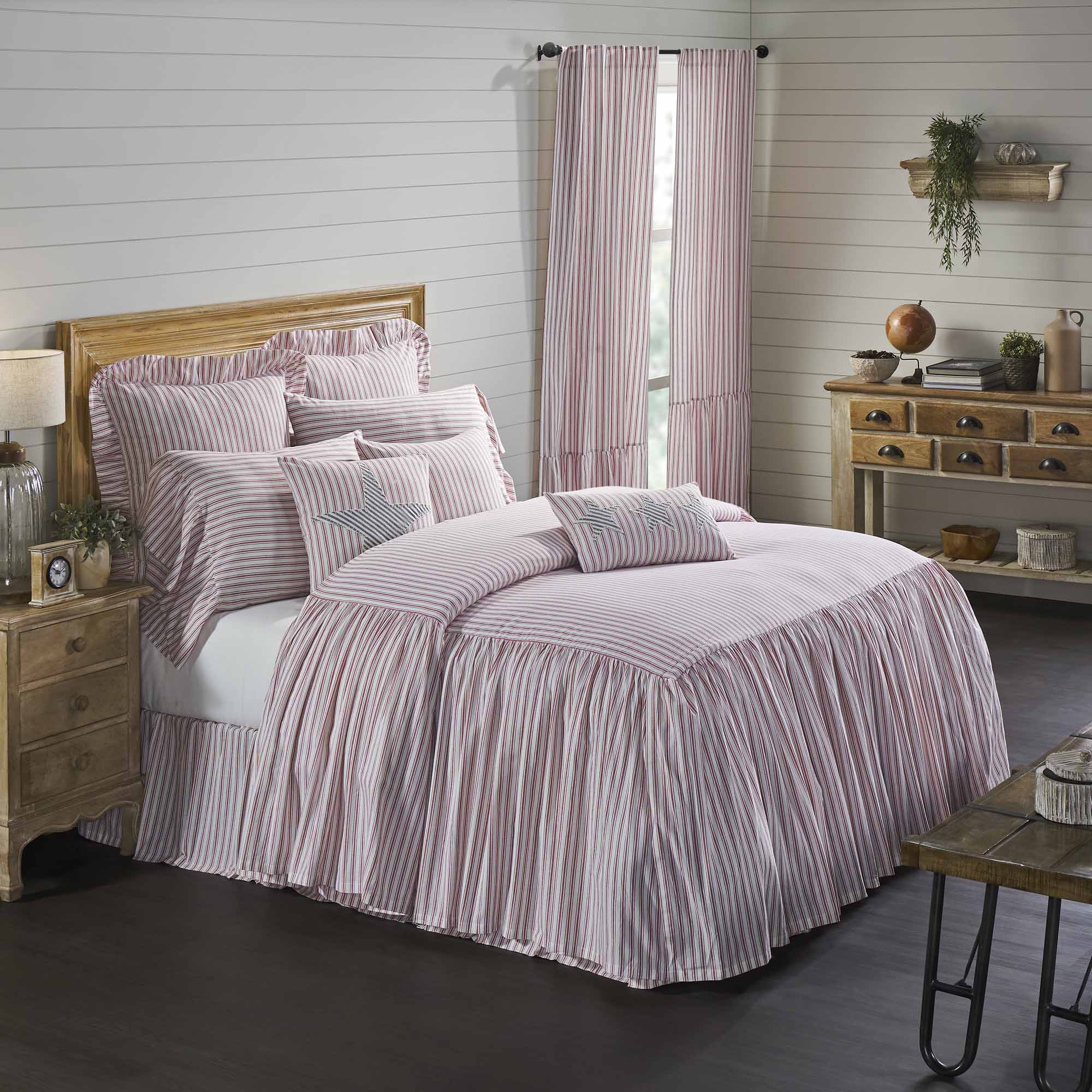 Timeless Ticking Red Ruffled California King Bedspread 84Lx72W+27