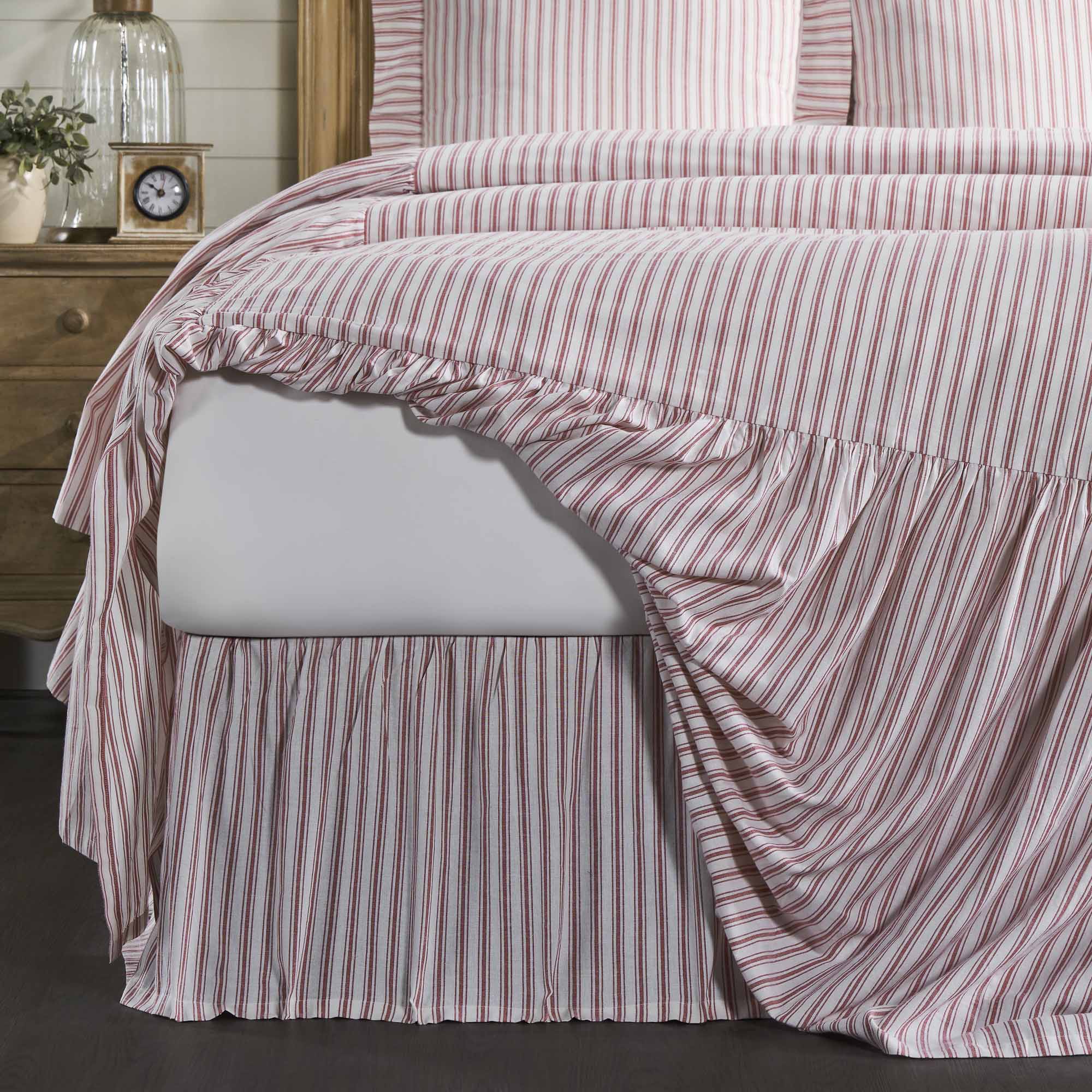 Timeless Ticking Red Ruffled California King Bed Skirt 84Lx72Wx16