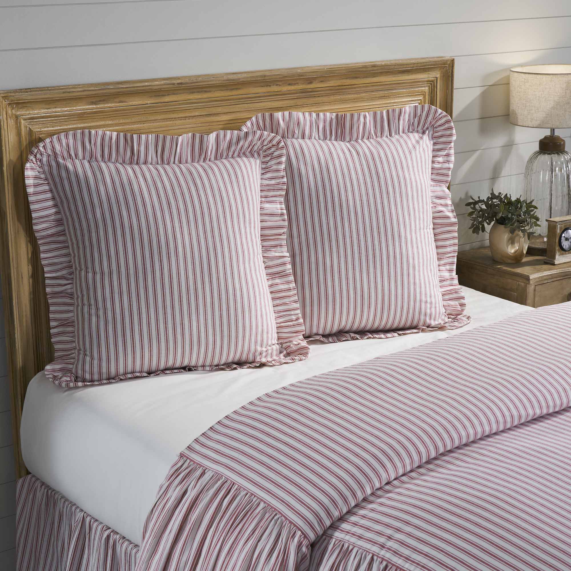 Timeless Ticking Red Ruffled Fabric Euro Sham 26Lx26W
