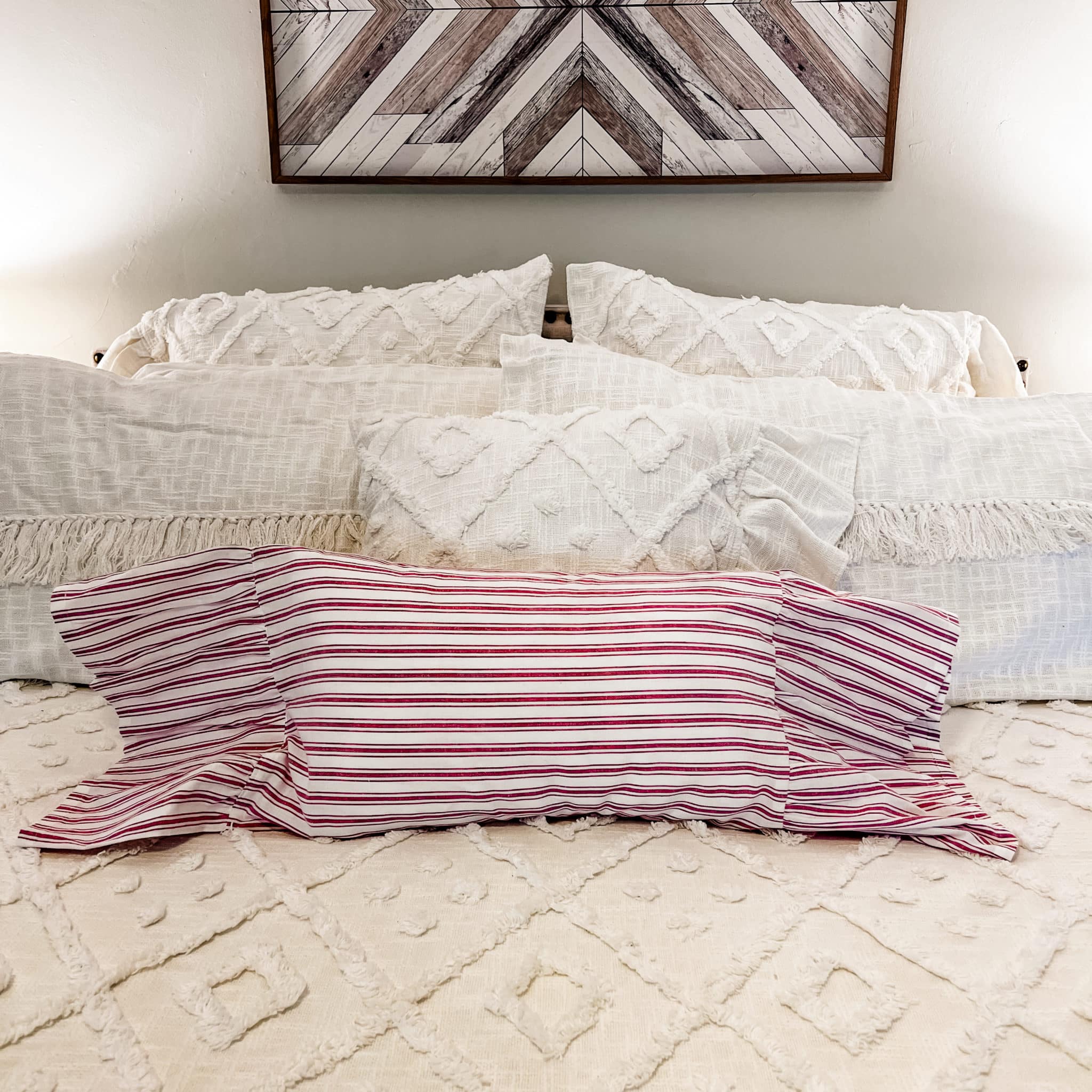 Timeless Ticking Red Ruffled Pillow Cover