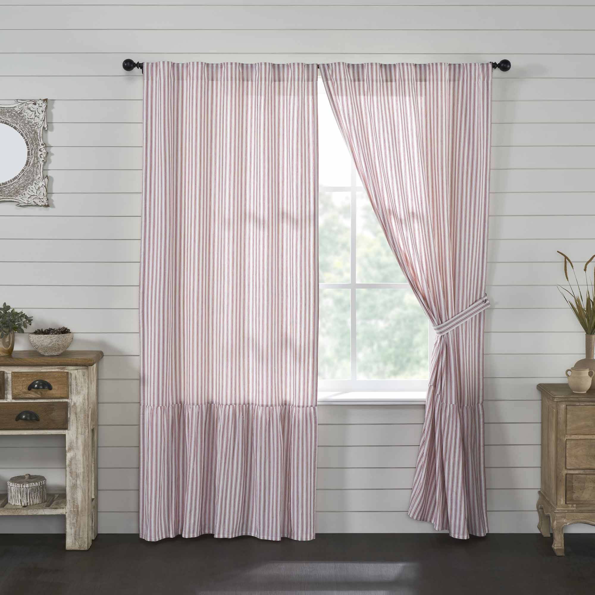Timeless Ticking Red Ruffled Panel Set of 2 84Lx40W