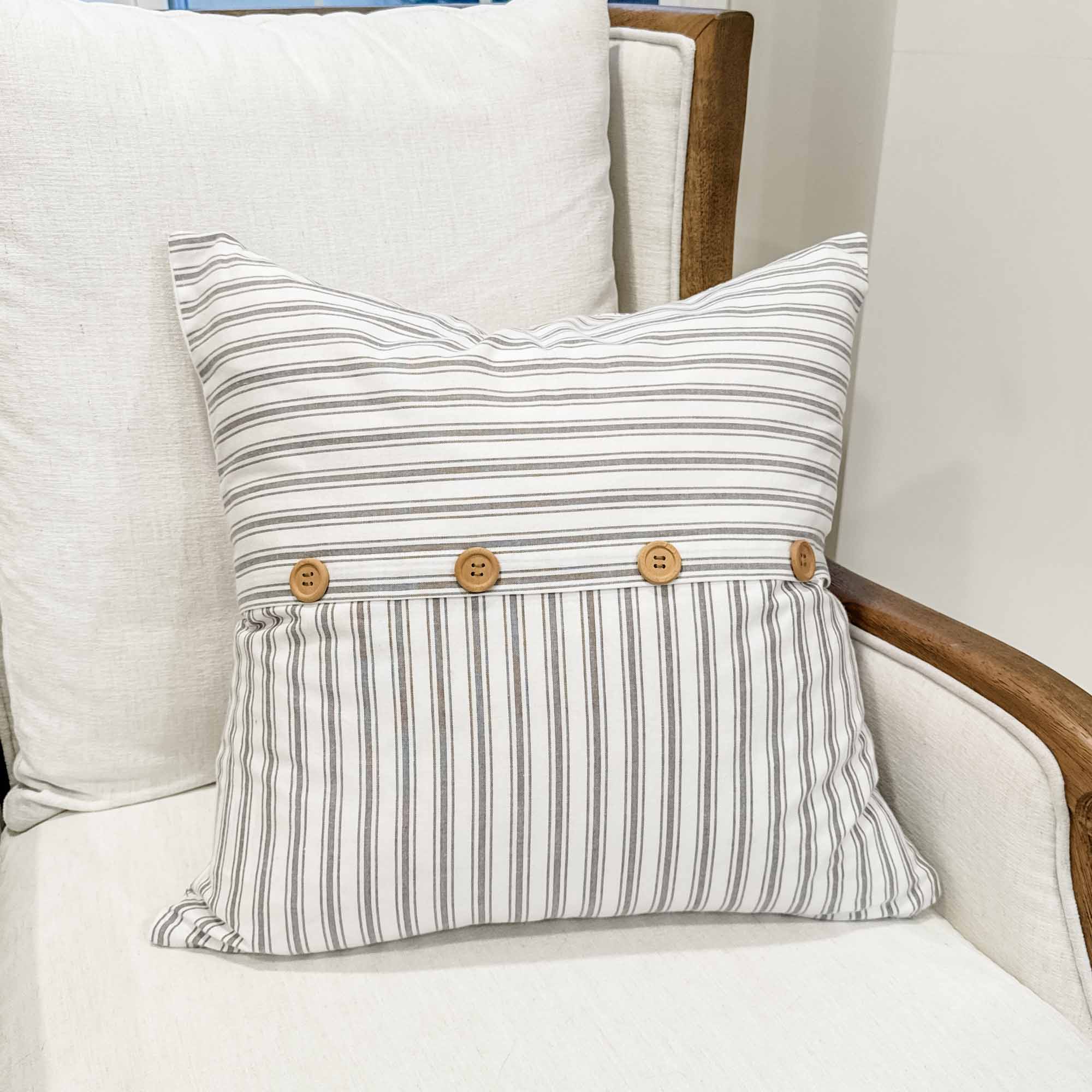 Timeless Ticking Gray Button Pillow Cover