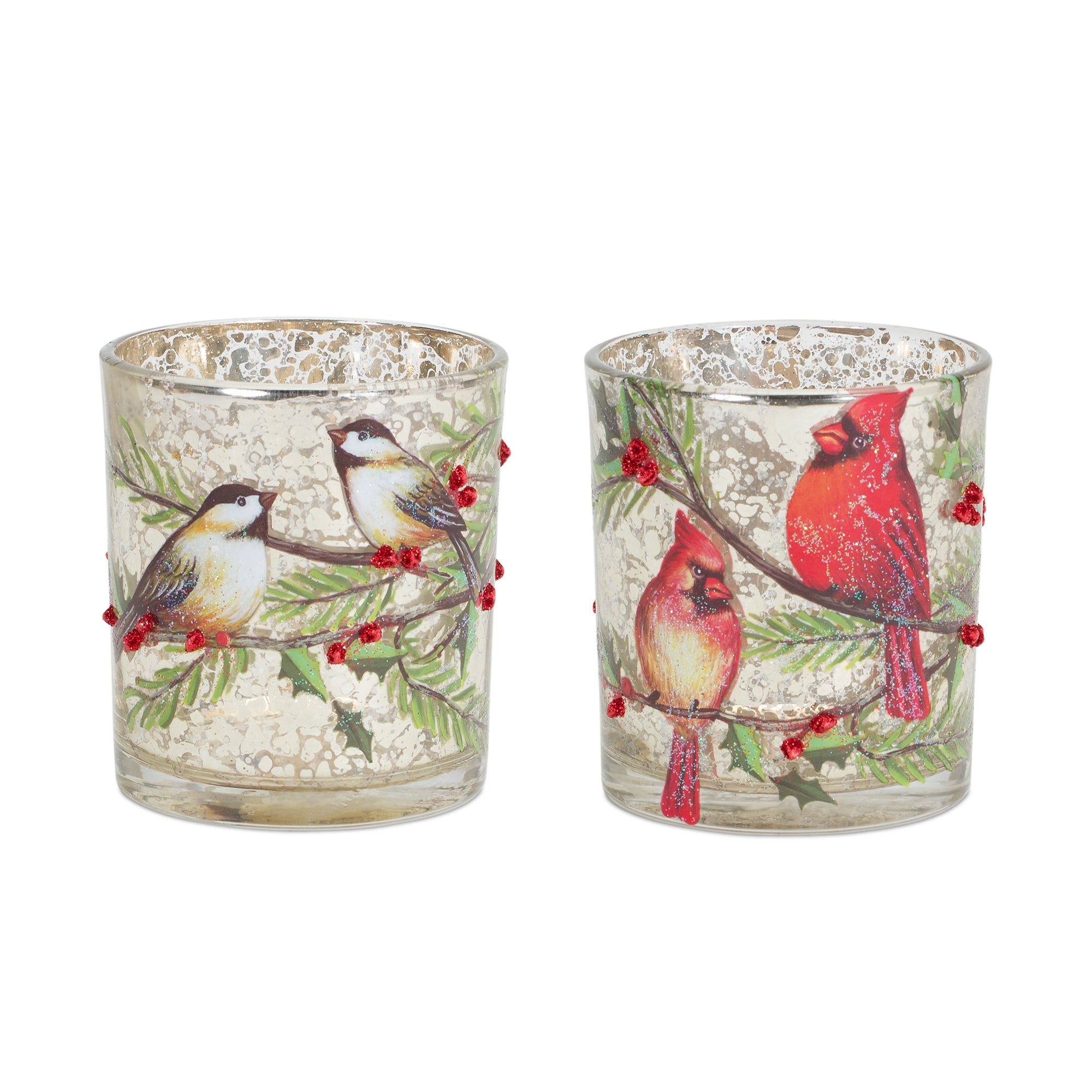 Cardinal and Bird Votive Holder (2 Asst) 3"D x 3.25"H Glass