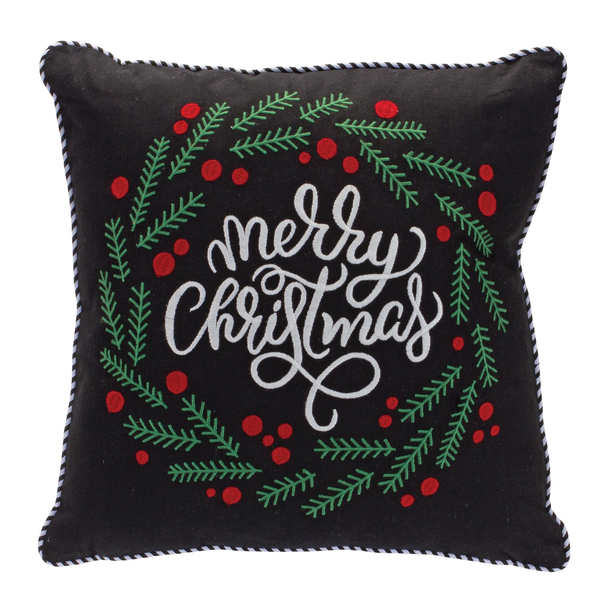 Merry Christmas and Pine Wreath Pillow 15”SQ Polyester