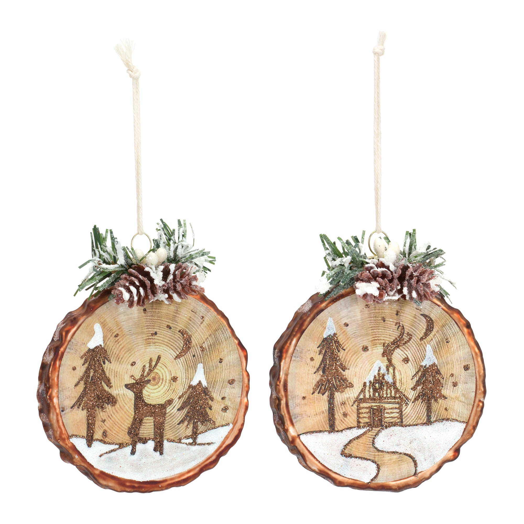 Cabin and Deer Ornament (2 Asst) 4.5”H Glass