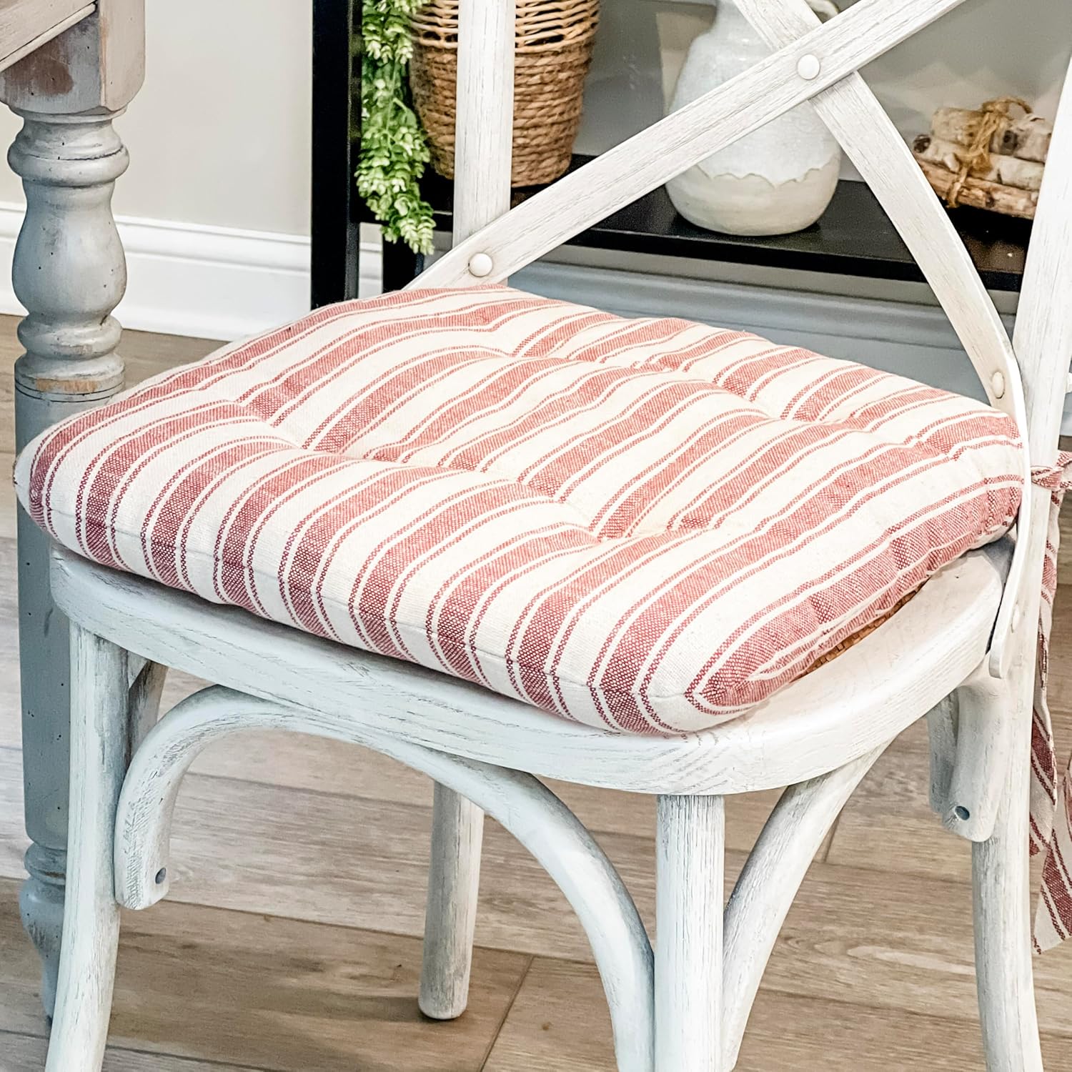 Market Place Red Ticking Stripe Chair Pad 16Lx16W